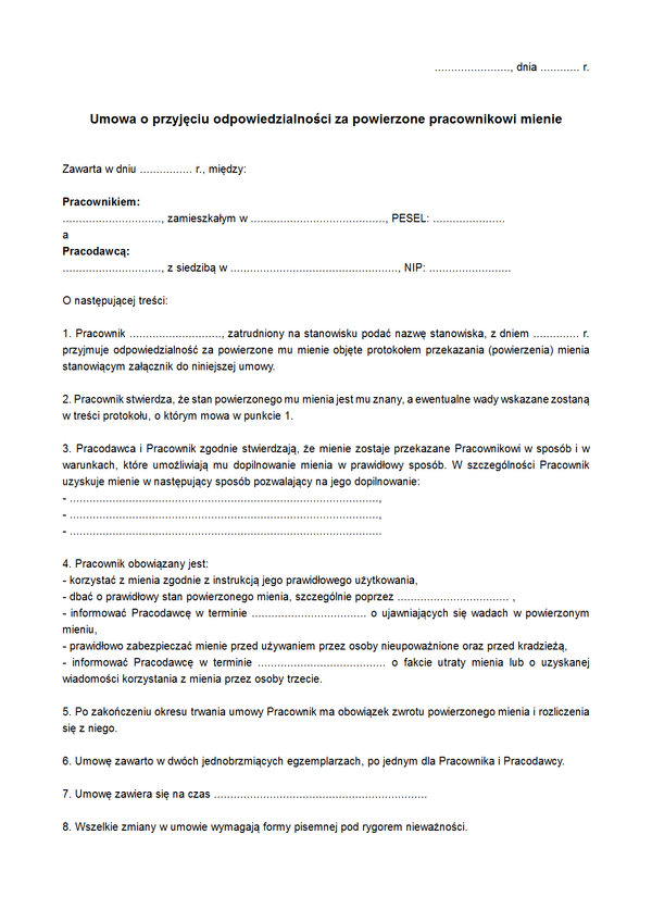 UoPOM Umowa o przyjęciu odpowiedzialności za powierzone pracownikowi mienie 