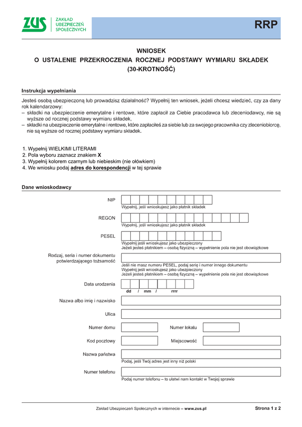 ZUS RRP Wniosek o ustalenie przekroczenia rocznej podstawy wymiaru składek (30-krotność)