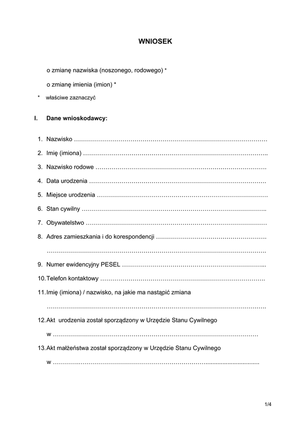 WZIN Wniosek o zmianę imienia, nazwiska 
