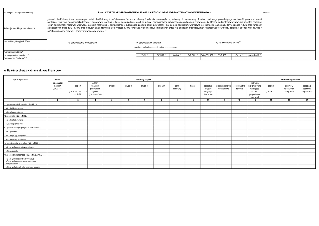 Rb-N Kwartalne sprawozdanie o stanie należności oraz wybranych aktywów finansowych