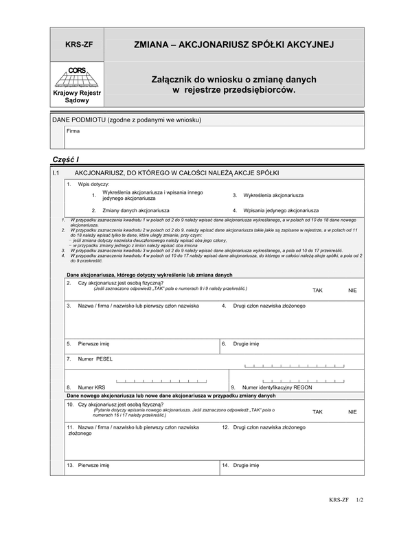KRS-ZF Zmiana - akcjonariusz spółki akcyjnej - załącznik do wniosku o zmianę danych w rejestrze przedsiębiorców
