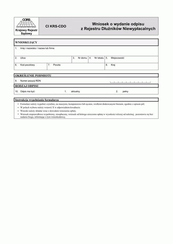 CI KRS-CDO Wniosek o wydanie odpisu z Rejestru Dłużników Niewypłacalnych