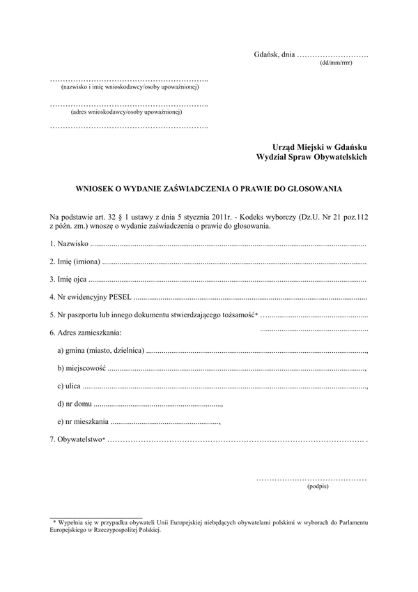 WWZPG-G Wniosek o wydanie zaświadczenia o prawie do głosowania Gdańsk