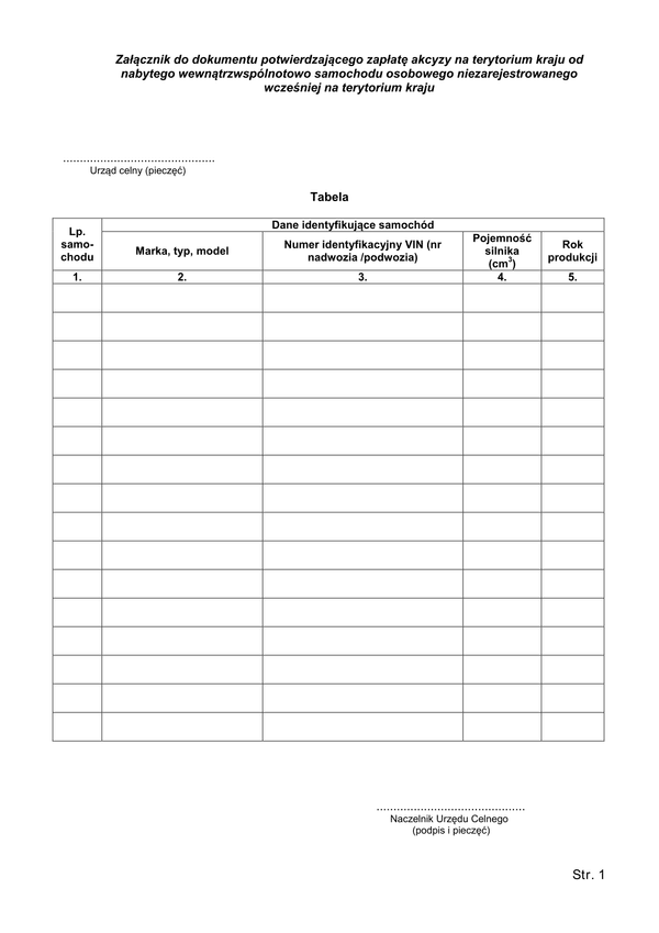 DPZA-zal Załącznik do dokumentu potwierdzającego zapłatę akcyzy na terytorium kraju od nabytego wewnątrzwspólnotowo samochodu osobowego niezarejestrowanego wcześniej na terytorium kraju