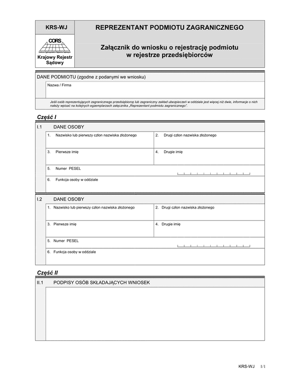 KRS-WJ Reprezentant podmiotu zagranicznego - załącznik do wniosku o rejestrację podmiotu w rejestrze przedsiębiorców