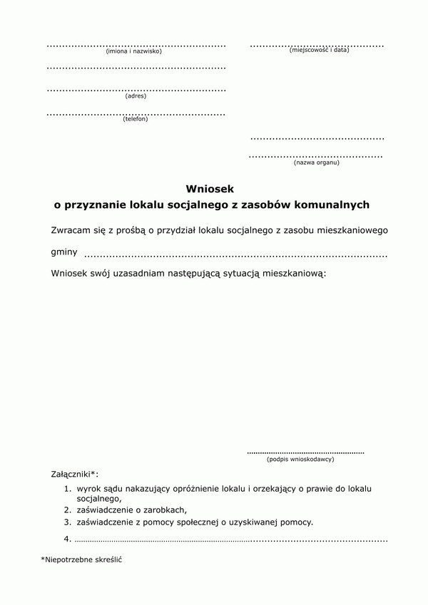 WoPLS Wniosek o przyznanie lokalu socjalnego z zasobów komunalnych