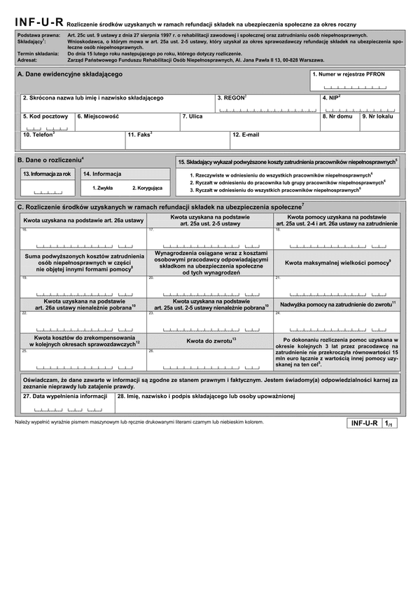 PFRON INF-U-R Rozliczenie środków uzyskanych w ramach refundacji składek na ubezpieczenia społeczne za okres roczny