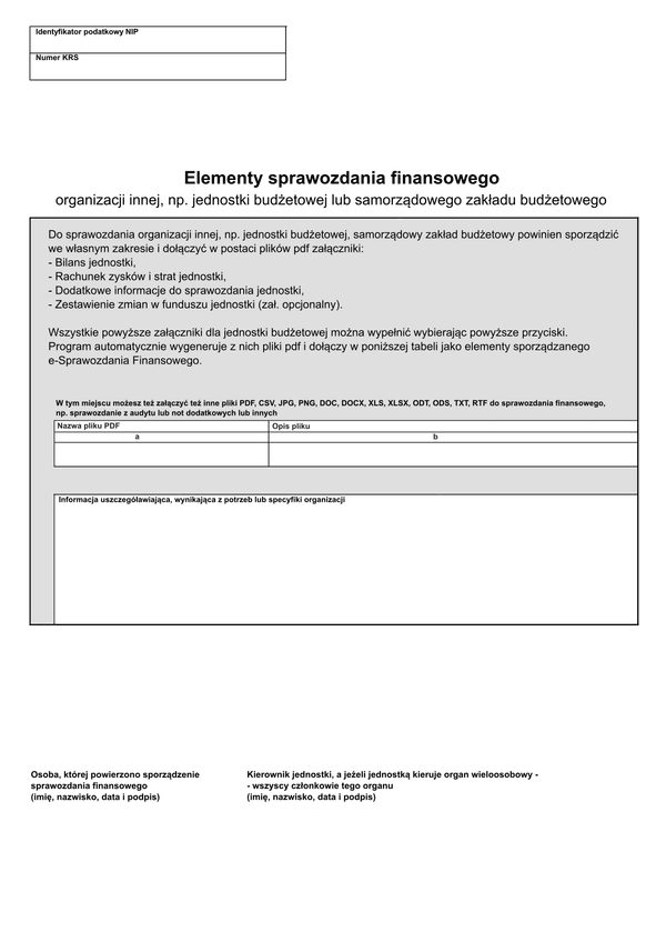 SFJSOI ES (v.1) Elementy sprawozdania finansowego organizacji innej, m. in. jednostki budżetowej lub samorządowego zakładu budżetowego