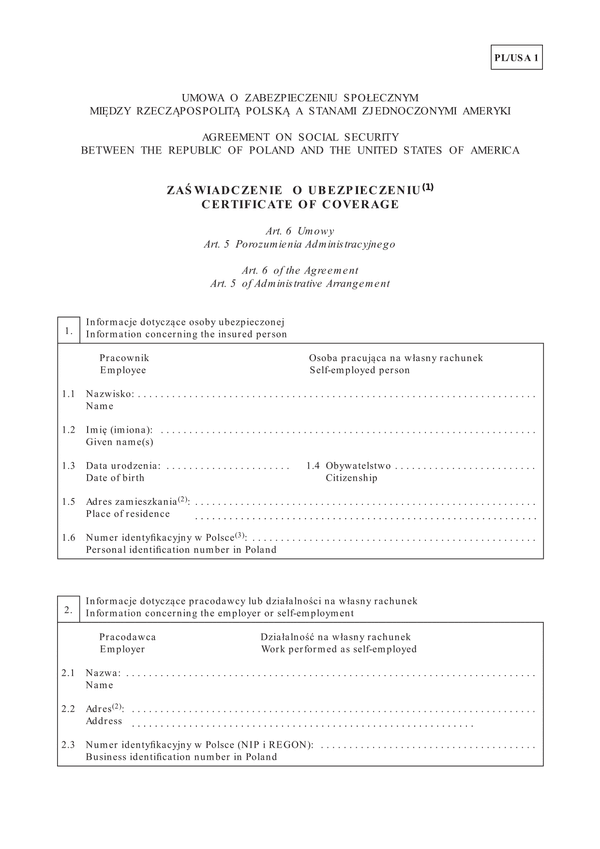 ZUS PL-USA 1 (od VI 2014) Zaświadczenie o ubezpieczeniu