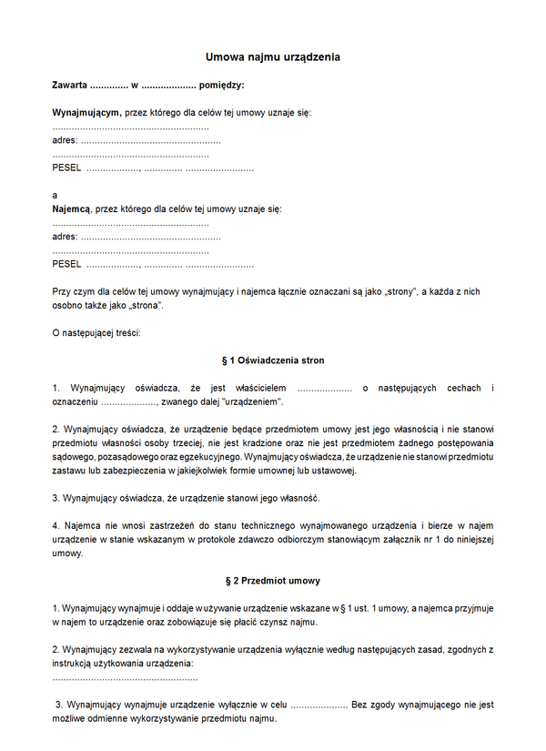 UNU Umowa najmu urządzenia 