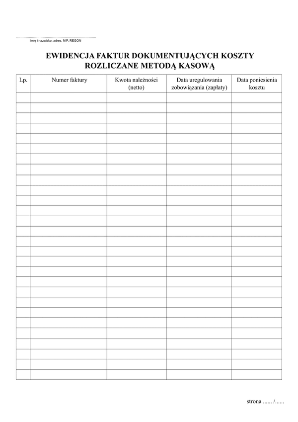 EFDk Ewidencja faktur dokumentujących koszty rozliczane metodą kasową