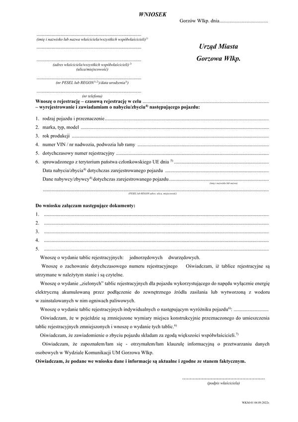 WoRWP-Gorz Wniosek o rejestrację, czasową rejestrację i wyrejestrowanie pojazdu Gorzów Wlkp