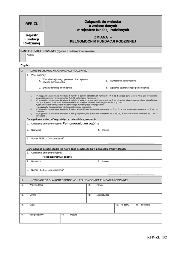 RFR-ZL Załącznik do wniosku o zmianę danych w rejestrze fundacji rodzinnych ZMIANA – ZARZĄD / RADA NADZORCZA FUNDACJI RODZINNEJ