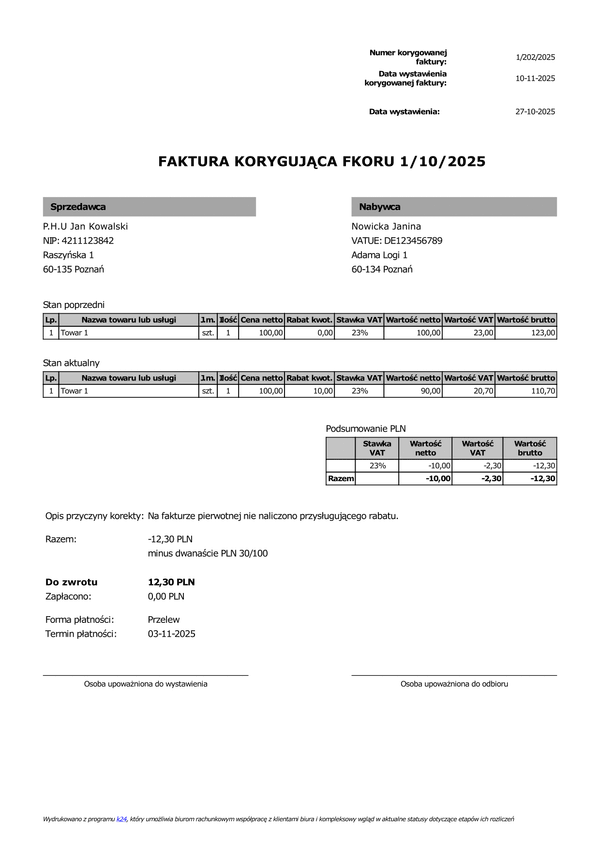 FKORU Faktura korygująca uproszczona (zgodna z KSeF)