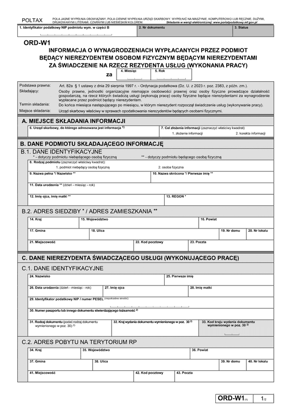 ORD-W1 (4) Informacja o wynagrodzeniach wypłacanych przez podmiot będący nierezydentem osobom fizycznym będącym nierezydentami za świadczenie na rzecz rezydenta usług (wykonania pracy)