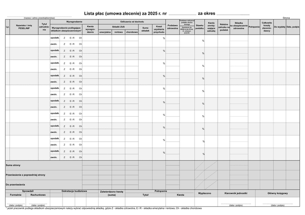 Lista płac - wynagrodzenie z tytułu umowy zlecenie