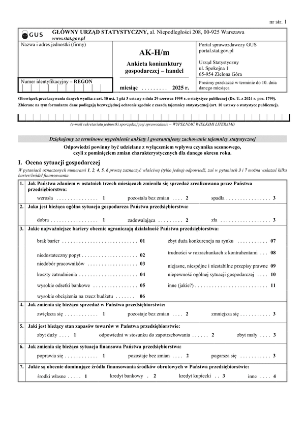 GUS AK-H/m (2025) Ankieta koniunktury gospodarczej - handel