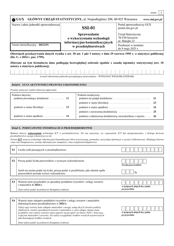 GUS SSI-01 (2025) Sprawozdanie o wykorzystaniu technologii informacyjno-telekomunikacyjnych w przedsiębiorstwach