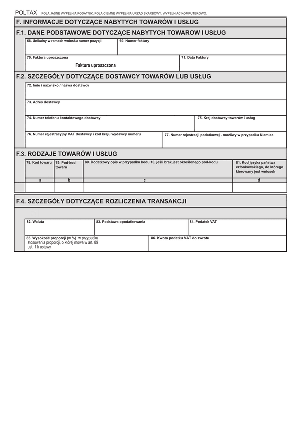 Załącznik F do VAT-REF (6) wniosku o zwrot podatku VAT