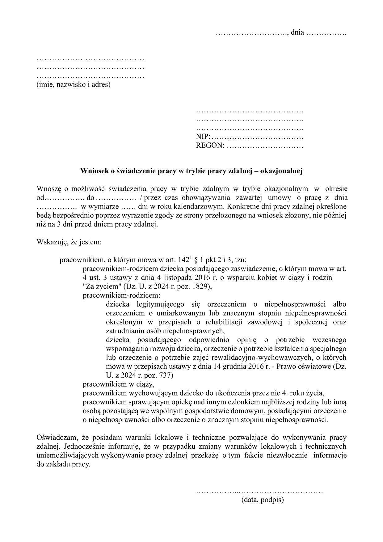 Wniosek o świadczenie pracy w trybie pracy zdalnej - okazjonalnej
