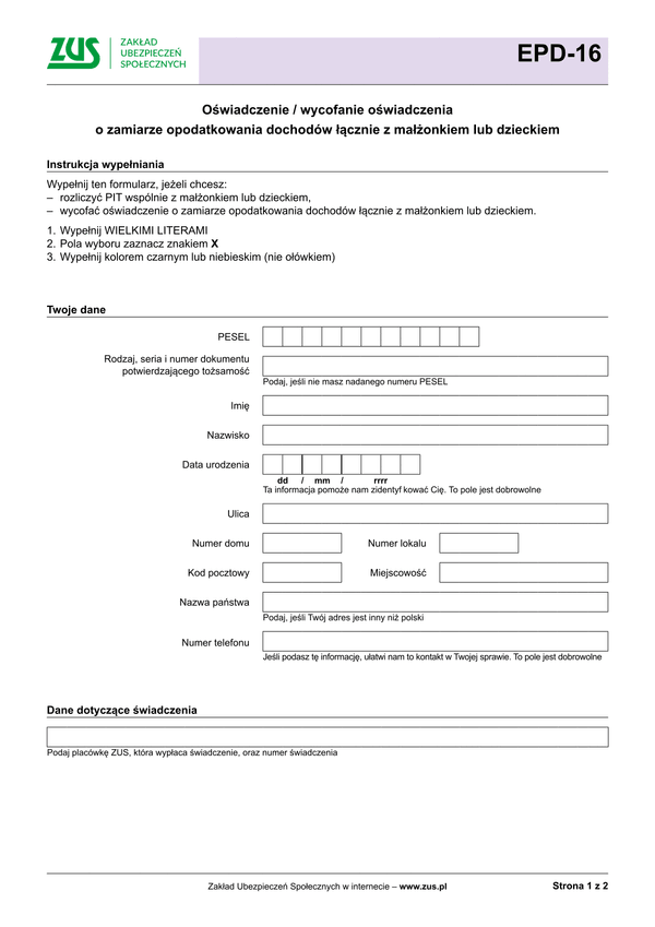 ZUS EPD-16 Oświadczenie o zamiarze opodatkowania dochodów łącznie z małżonkiem
