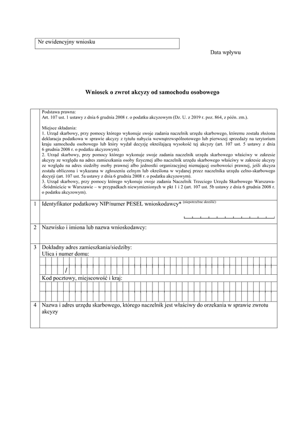 WoZASO Wniosek o zwrot akcyzy od samochodu osobowego