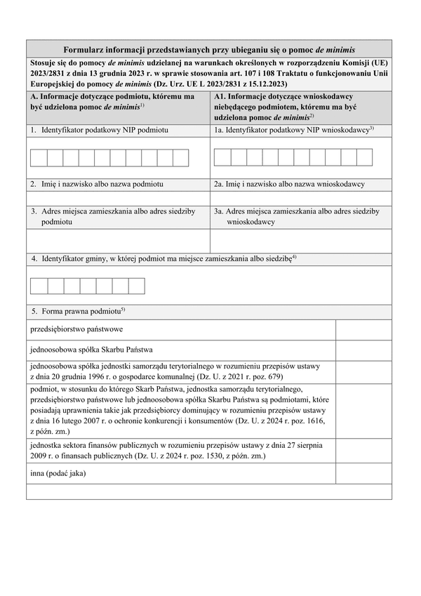 PFRON INF-O-PdM Formularz informacji przedstawianych przy ubieganiu się o pomoc de minimis 