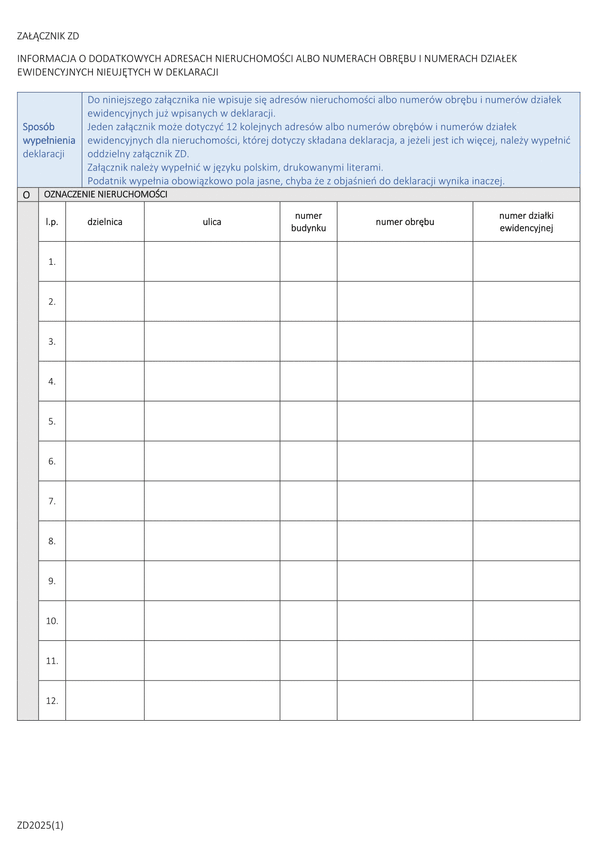 ZD mz Załącznik do deklaracji DM i DZ - Informacja o dodatkowych adresach nieruchomości albo numerach obrębu i numerach działek ewidencyjnych nieujętych w deklaracji