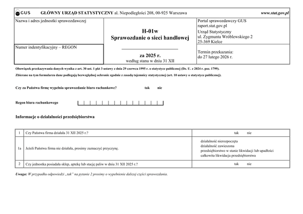 GUS H-01w (2025) Sprawozdanie o sieci handlowej według stanu w dniu 31 XII 2025 r.