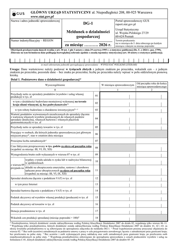 GUS DG-1 (2026) Meldunek o działalności gospodarczej