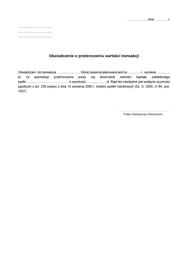 OopWt Oświadczenie o przekroczeniu wartości transakcji