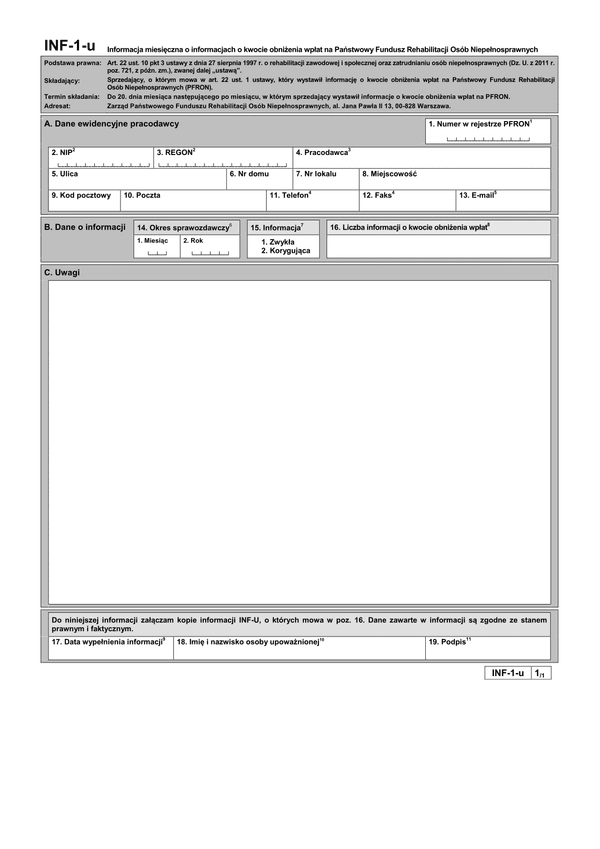 PFRON INF-1-u Informacja miesięczna o informacjach o kwocie obniżenia wpłat na Państwowy Fundusz Rehabilitacji Osób Niepełnosprawnych