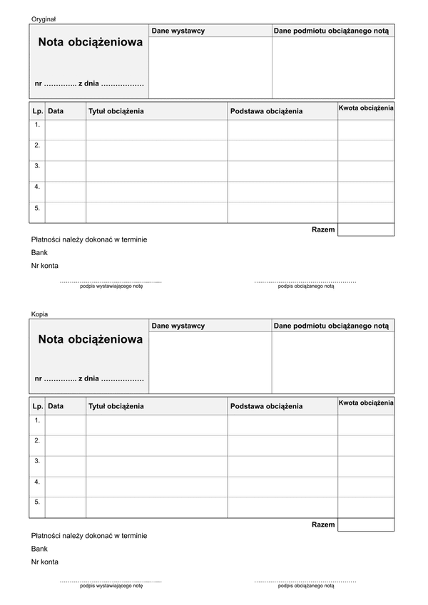 Nota obciążeniowa - druk interaktywny