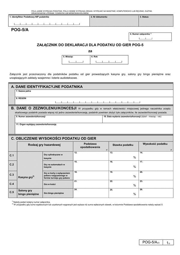 POG-5/A (2) Załącznik do deklaracji POG-5 dla podatku od gier