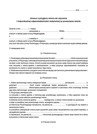 UPPM Umowa o przyjęciu mienia do używania i indywidualnej odpowiedzialności materialnej za powierzone mienie