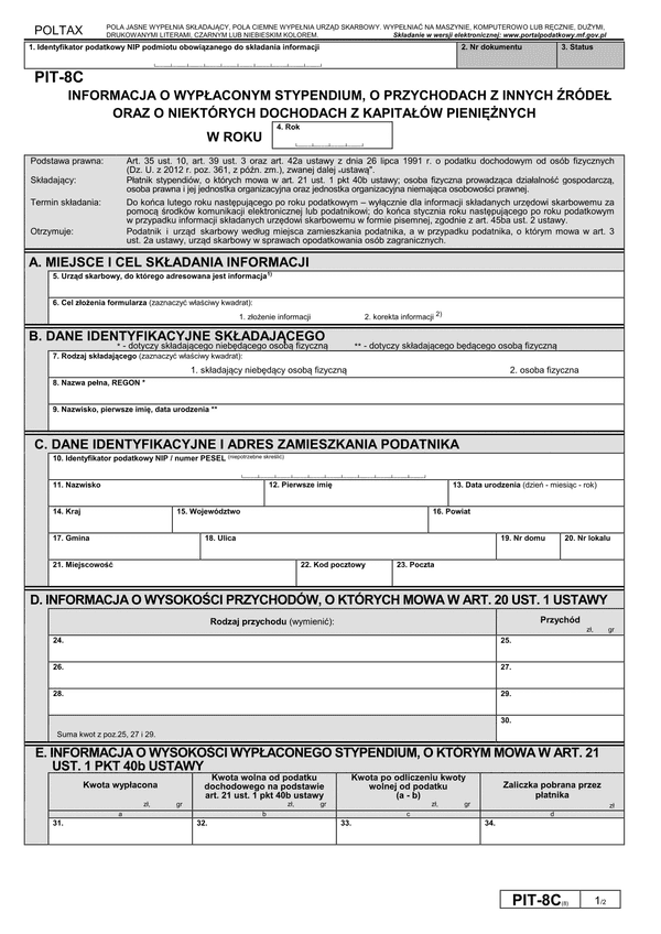 PIT-8C (8) (archiwalny) (2017) Informacja o wypłaconym stypendium, o przychodach z innych źródeł oraz o niektórych dochodach z kapitałów pieniężnych (PIT-8C / PIT-8CZ)