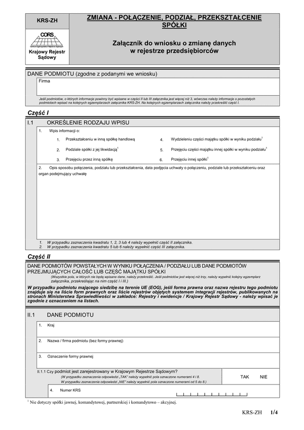 KRS-ZH Zmiana - połączenie, podział, przekształcenie spółki - załącznik do wniosku o zmianę danych w rejestrze przedsiębiorców