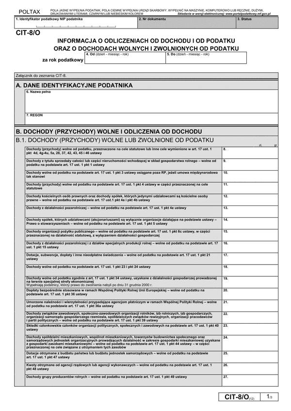 CIT-8/O (12) (archiwalny) Informacja o odliczeniach od dochodu i od podatku oraz o dochodach wolnych i zwolnionych od podatku