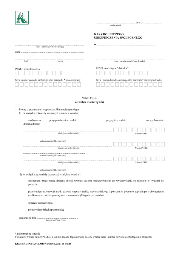 KRUS SR-24A (archiwalny) Wniosek o zasiłek macierzyński