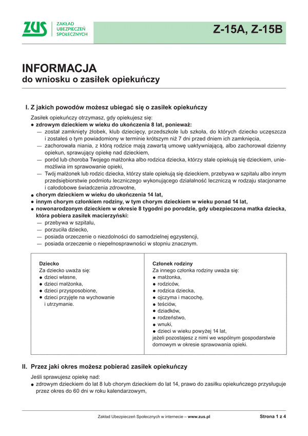 ZUS Z-15 Inf (archiwalny) Informacja do wniosku o zasiłek opiekuńczy