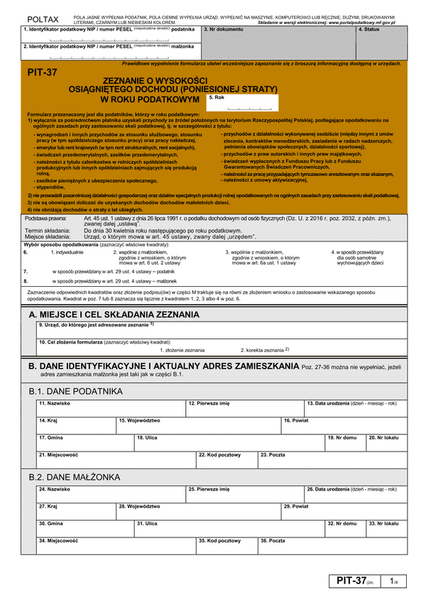 PIT-37 (24) (archiwalny) (2017) Zeznanie o wysokości osiągniętego dochodu (lub poniesionej straty)
