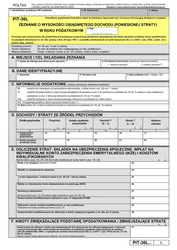 PIT-36L (14) (archiwalny) (2017) Zeznanie o wysokości osiągniętego dochodu (poniesionej straty)