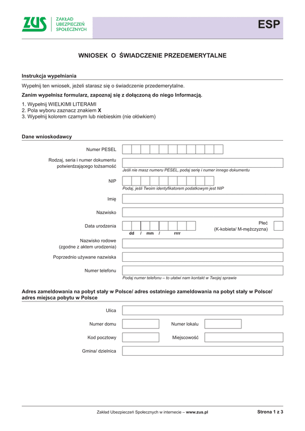 ZUS ESP (archiwalny) Wniosek o świadczenie przedemerytalne