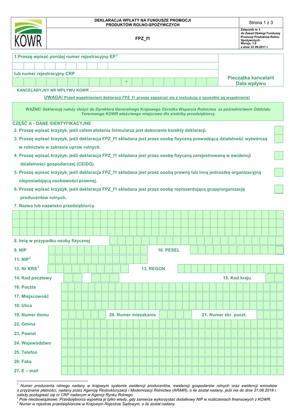 ARR FPZ_f1 1.0 (archiwalny) Deklaracja wpłaty na fundusze promocji produktów rolno-spożywczych