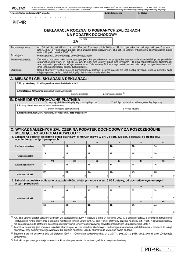 PIT-4R (7) (archiwalny) (2018) Deklaracja roczna o pobranych zaliczkach na podatek dochodowy (stosuje się dla przychodów, dochodów/strat uzyskanych/poniesionych od dnia 1 stycznia 2018 r.)