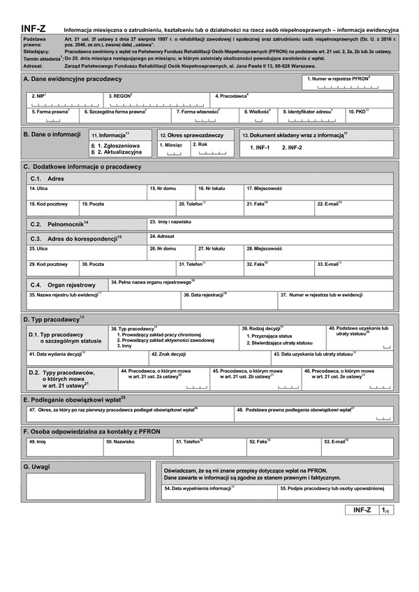 PFRON INF-Z (archiwalny) Informacja miesięczna o zatrudnieniu, kształceniu lub o działalności na rzecz osób niepełnosprawnych załącznik informacji miesięcznej - informacja ewidencyjna
