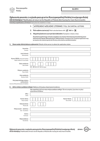 EL/ZP/4 Zgłoszenie powrotu z wyjazdu poza granice Rzeczypospolitej Polskiej trwającego dłużej niż 6 miesięcy