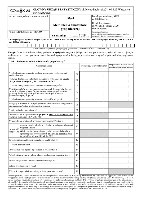 GUS DG-1 (2018) (archiwalny) Meldunek o działalności gospodarczej