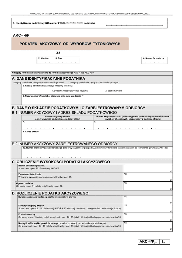 AKC-4/F (7) (archiwalny) Podatek akcyzowy od wyrobów tytoniowych