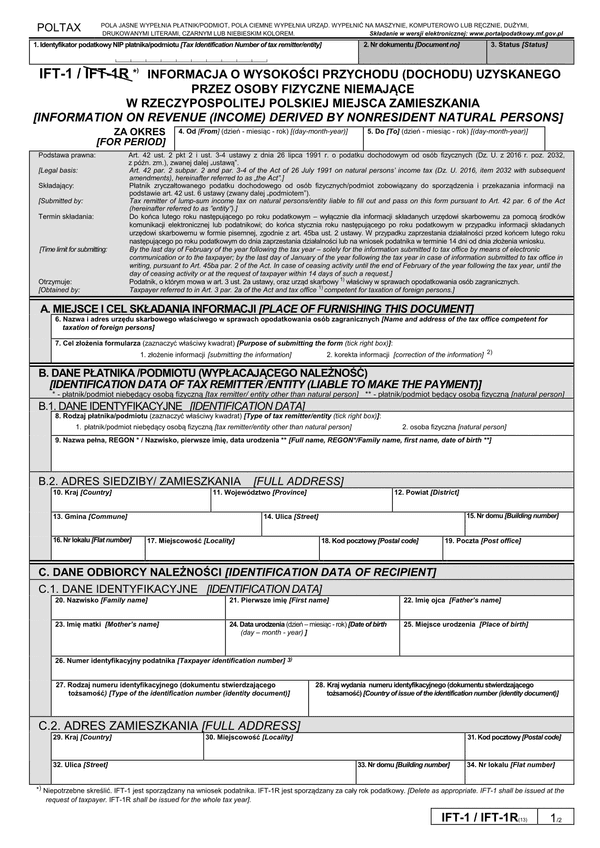 IFT-1 (13) (archiwalny) (2018) Informacja o wysokości przychodu (dochodu) uzyskanego przez osoby fizyczne niemające w Polsce miejsca zamieszkania